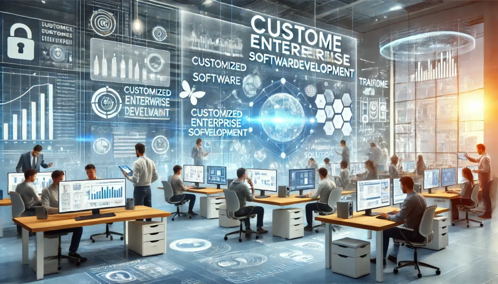 DALL·E 2025-01-03 16.21.29 - An illustration showcasing custom enterprise software development. The scene features a dynamic workspace with developers collaborating at modern desk